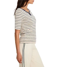 NIC + ZOE Knit Stripe Notch Split V-Neck Elbow Sleeve Tee