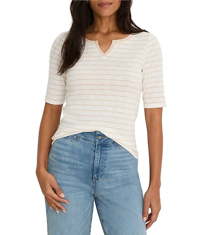 NIC + ZOE Knit Stripe Notch Split V-Neck Elbow Sleeve Tee