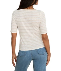 NIC + ZOE Knit Stripe Notch Split V-Neck Elbow Sleeve Tee