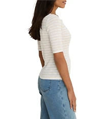 NIC + ZOE Knit Stripe Notch Split V-Neck Elbow Sleeve Tee