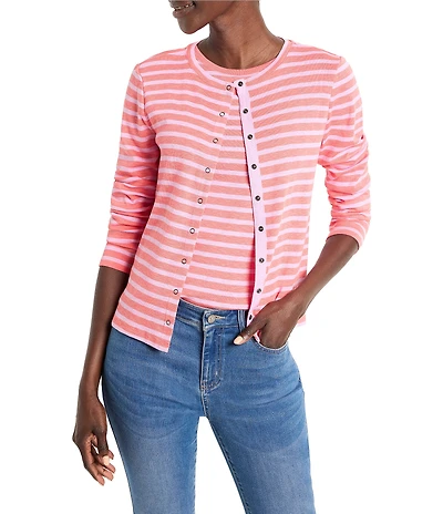 NIC + ZOE Knit Striped Print Crew Neck Long Sleeve Cardigan
