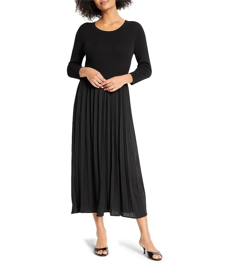 NIC + ZOE Kyrie Knit Round Neck 3/4 Sleeve Pleated Fit-And-Flare Midi Dress