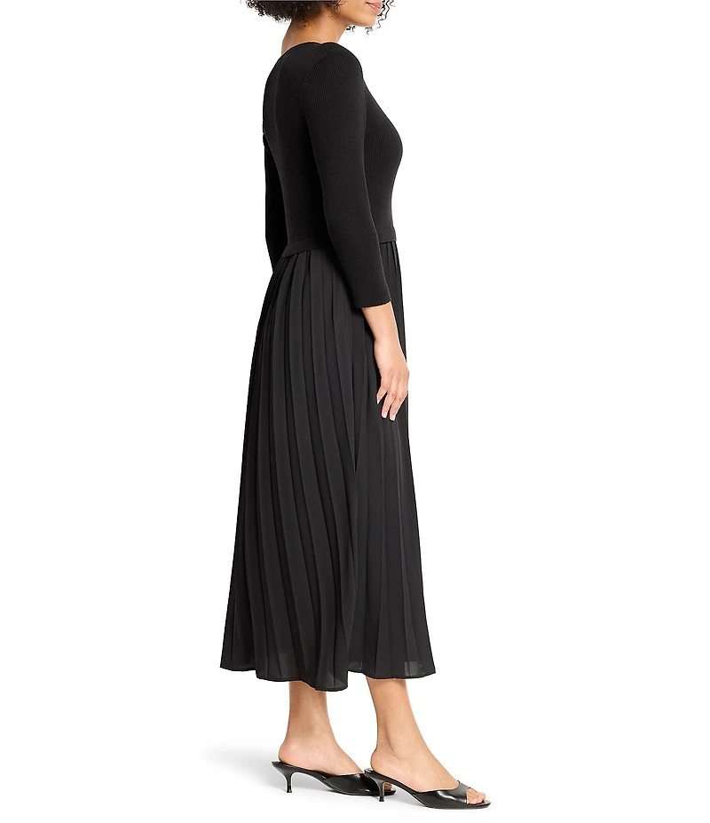 NIC + ZOE Kyrie Knit Round Neck 3/4 Sleeve Pleated Fit-And-Flare Midi Dress
