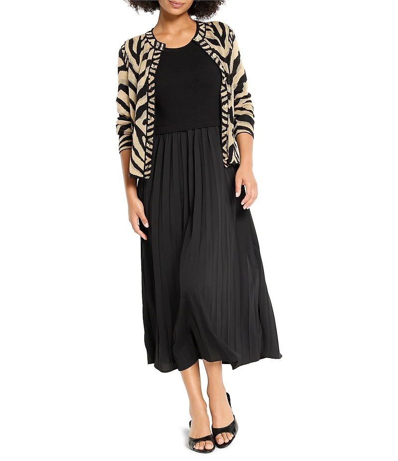 NIC + ZOE Kyrie Knit Round Neck 3/4 Sleeve Pleated Fit-And-Flare Midi Dress