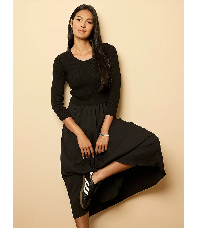 NIC + ZOE Kyrie Knit Round Neck 3/4 Sleeve Pleated Fit-And-Flare Midi Dress