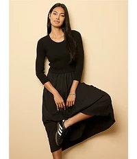 NIC + ZOE Kyrie Knit Round Neck 3/4 Sleeve Pleated Fit-And-Flare Midi Dress