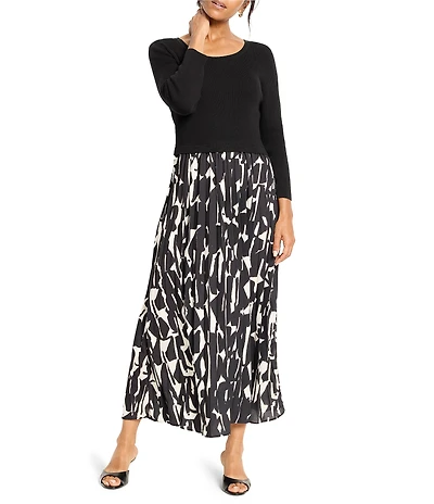 NIC + ZOE Kyrie Onyx Print Mixed Media Round Neck Long Sleeve Fit-And-Flare Dress
