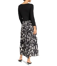 NIC + ZOE Kyrie Onyx Print Mixed Media Round Neck Long Sleeve Fit-And-Flare Dress