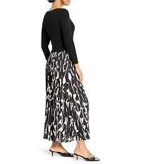 NIC + ZOE Kyrie Onyx Print Mixed Media Round Neck Long Sleeve Fit-And-Flare Dress
