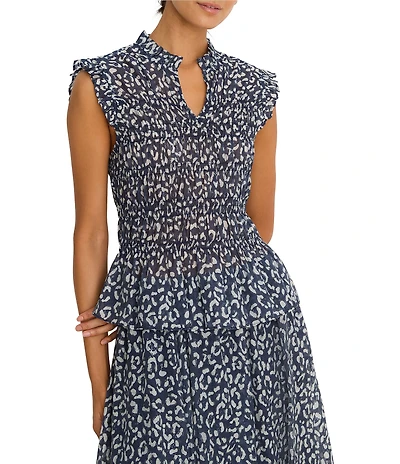 NIC + ZOE Leopard Sketch Split Neck Ruffle Cap Sleeve Smocked Ruffle Coordinating Top