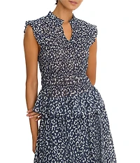 NIC + ZOE Leopard Sketch Split Neck Ruffle Cap Sleeve Smocked Ruffle Coordinating Top