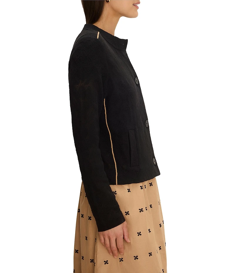 NIC + ZOE Lightweight Piped Knit Statement Band Collar Long Sleeve Button-Front Jacket