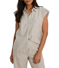NIC + ZOE Linen-Blend Stripe Collared Cap Sleeve Button-Front Shirt