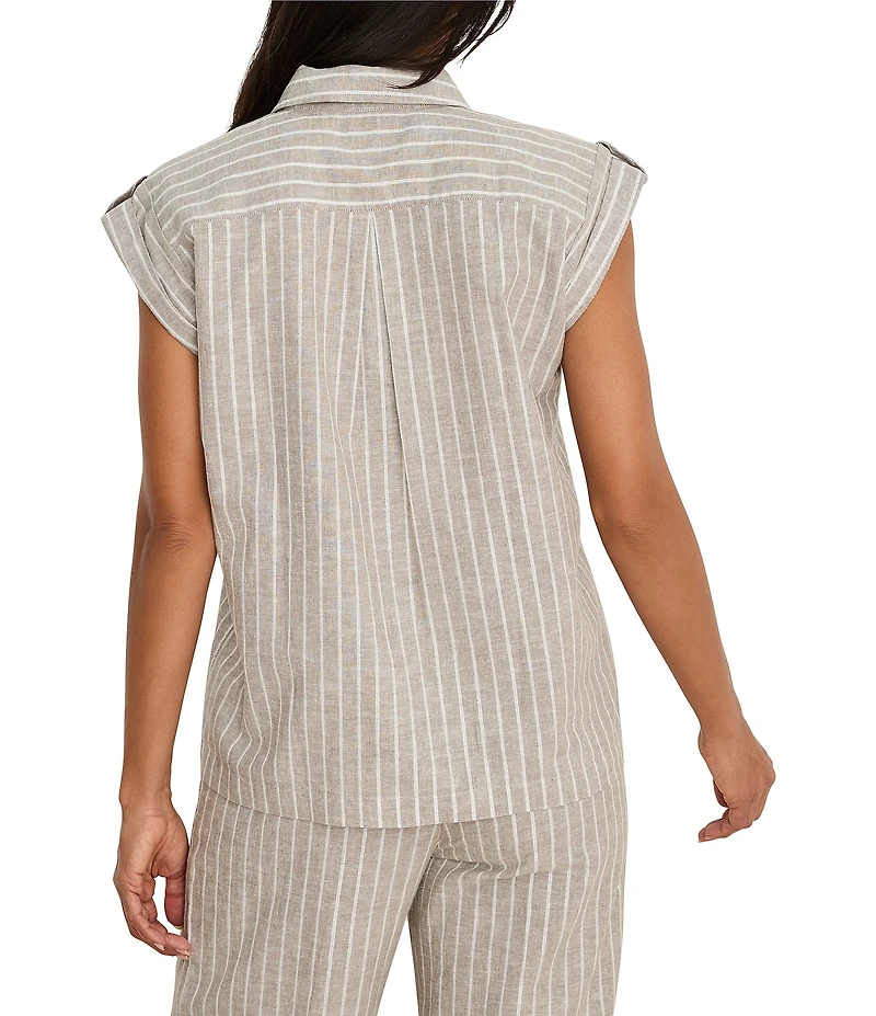 NIC + ZOE Linen-Blend Stripe Collared Cap Sleeve Button-Front Shirt