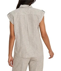 NIC + ZOE Linen-Blend Stripe Collared Cap Sleeve Button-Front Shirt