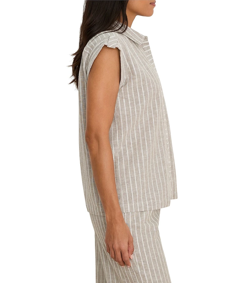 NIC + ZOE Linen-Blend Stripe Collared Cap Sleeve Button-Front Shirt