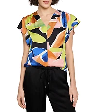 NIC + ZOE Mega Blooms Print V-Neck Flutter Sleeve Top