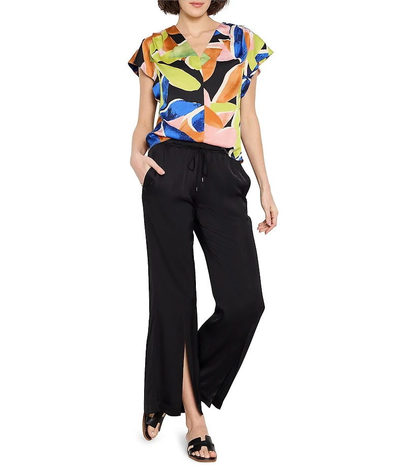 NIC + ZOE Mega Blooms Print V-Neck Flutter Sleeve Top