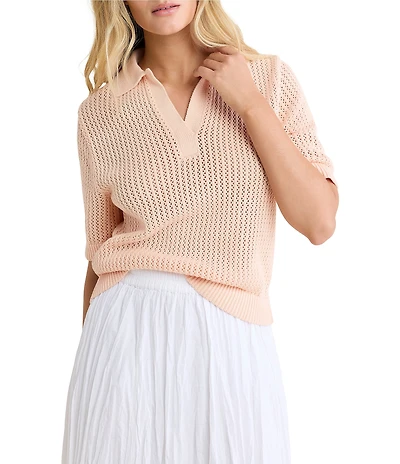 NIC + ZOE Mesh Knit Polo V-Neck Elbow Sleeve Top
