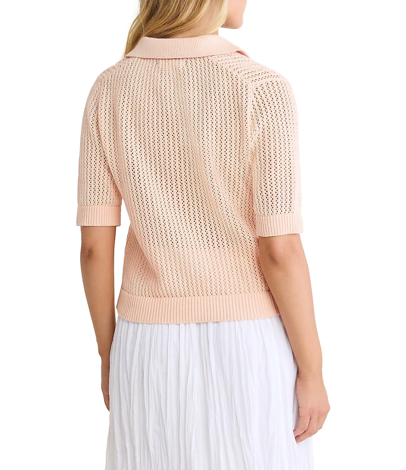 NIC + ZOE Mesh Knit Polo V-Neck Elbow Sleeve Top