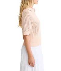 NIC + ZOE Mesh Knit Polo V-Neck Elbow Sleeve Top