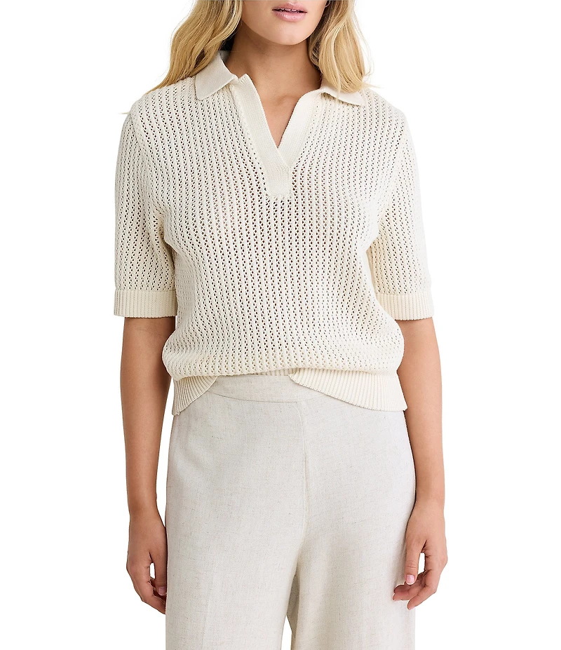 NIC + ZOE Mesh Knit Polo V-Neck Elbow Sleeve Top