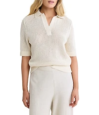 NIC + ZOE Mesh Knit Polo V-Neck Elbow Sleeve Top