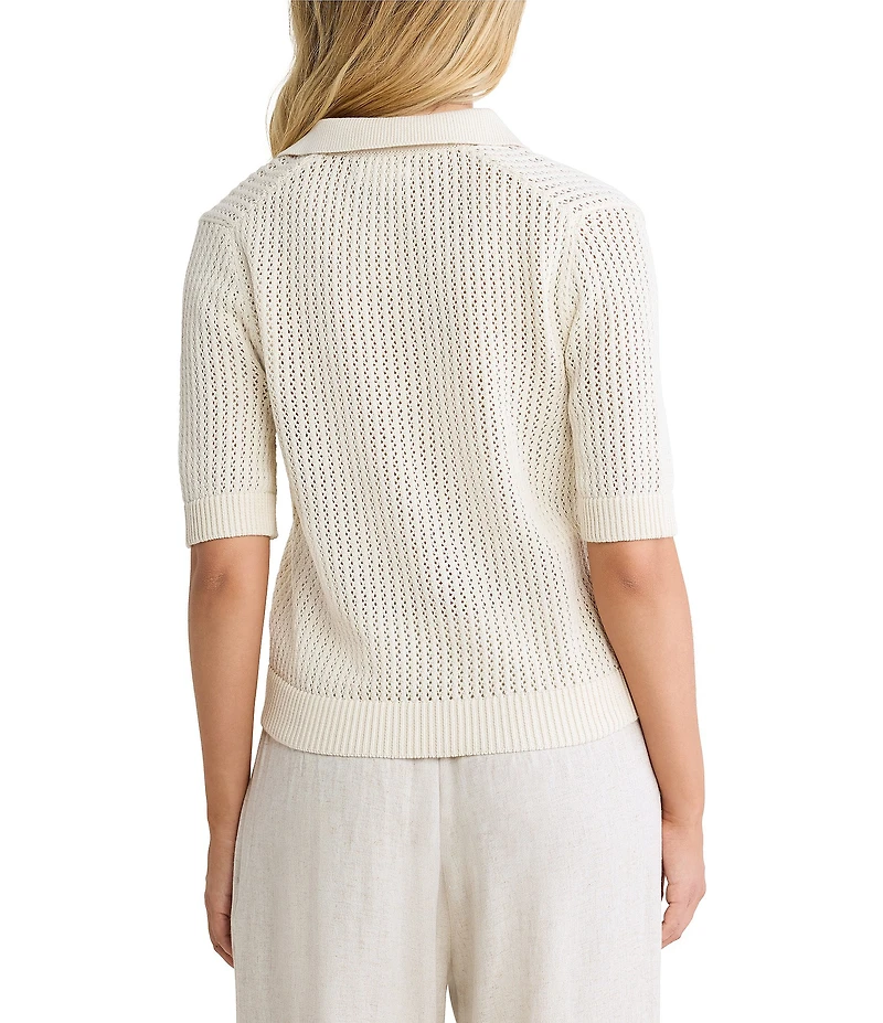 NIC + ZOE Mesh Knit Polo V-Neck Elbow Sleeve Top