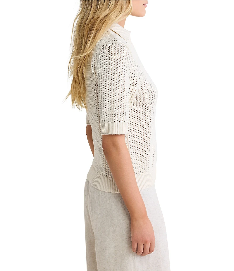 NIC + ZOE Mesh Knit Polo V-Neck Elbow Sleeve Top