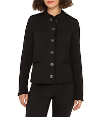 NIC + ZOE Military Fringe Mix Knit Band Collar Long Sleeve Snap Front Jacket