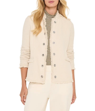 NIC + ZOE Military Fringe Mix Knit Band Collar Long Sleeve Snap Front Jacket