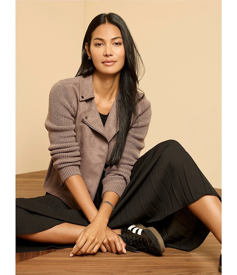 NIC + ZOE Mixed Media Notch Collar Long Sleeve Moto Jacket