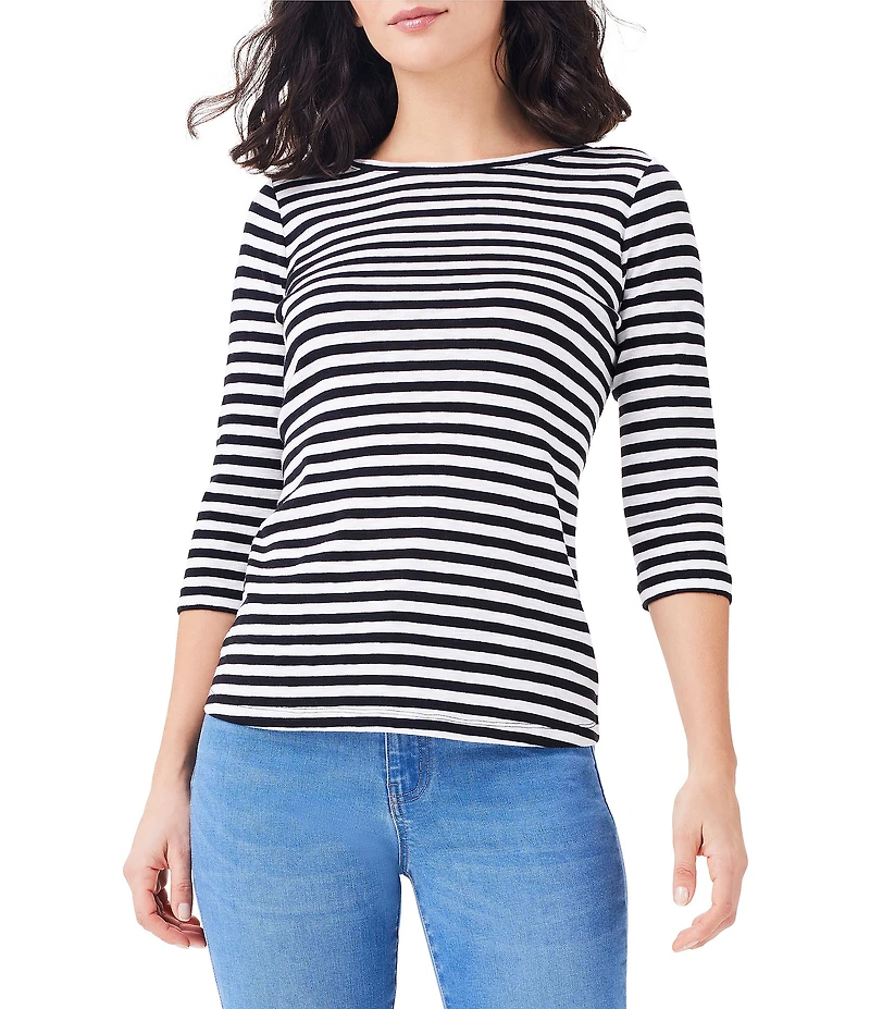 NIC + ZOE NZT Jersey Knit Striped Print Boat Neck 3/4 Sleeve Tee Shirt