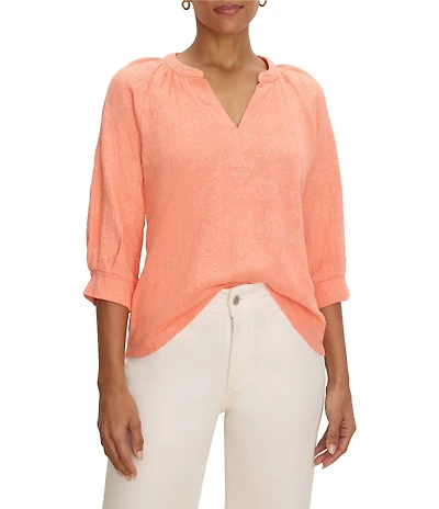 NIC + ZOE NZT Lace Knit Split V-Neck 3/4 Sleeve Top