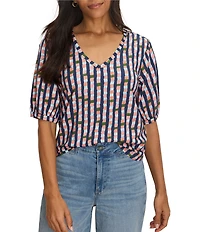 NIC + ZOE NZT Reef Stripe Printed V-Neck Elbow Sleeve Tee