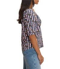 NIC + ZOE NZT Reef Stripe Printed V-Neck Elbow Sleeve Tee