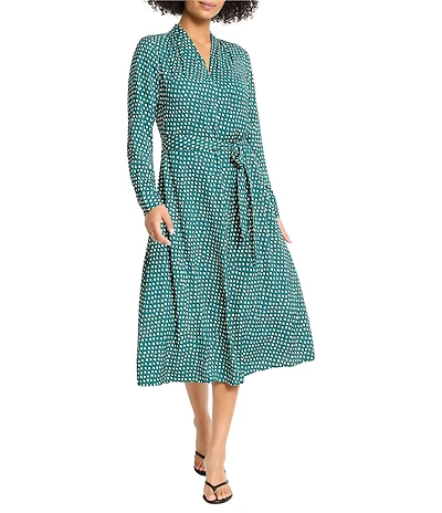 NIC + ZOE Olivia Shadow Dot V-Neck Long Sleeve A-Line Dress