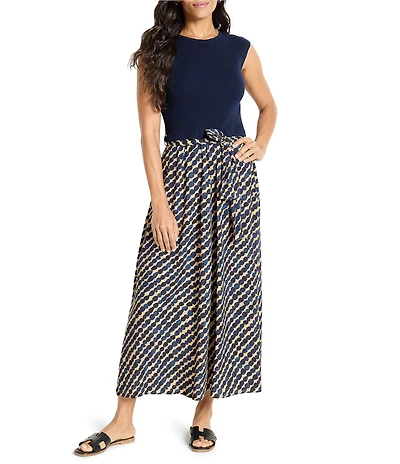 NIC + ZOE Pebble Dream Mixed Media Round Neck Cap Sleeve Tie Waist Maxi Dress