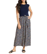 NIC + ZOE Pebble Dream Mixed Media Round Neck Cap Sleeve Tie Waist Maxi Dress