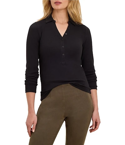 NIC + ZOE Perfect Knit Rib Henley Collar Long Sleeve Fitted Polo