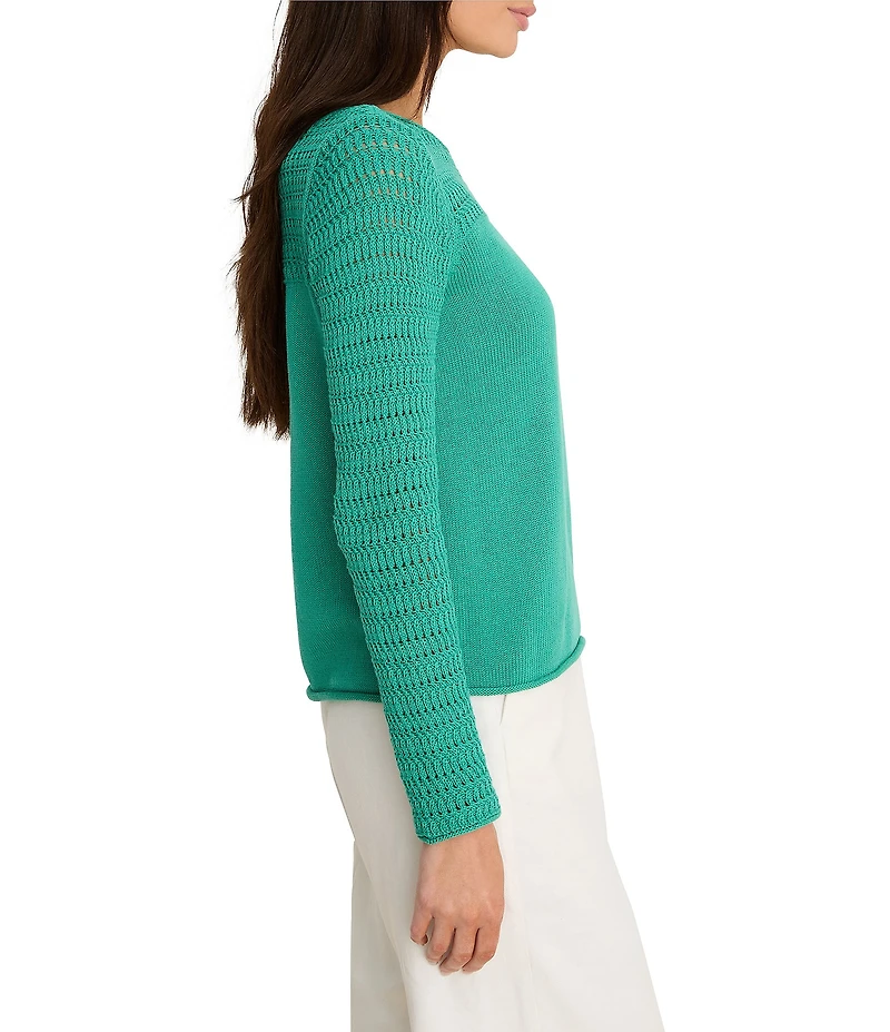 NIC + ZOE Placed Pointelle Round Neck Long Sleeve Top