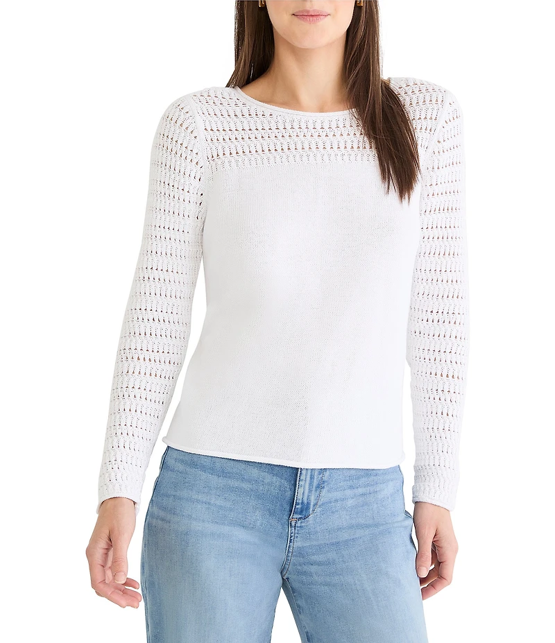 NIC + ZOE Placed Pointelle Round Neck Long Sleeve Top