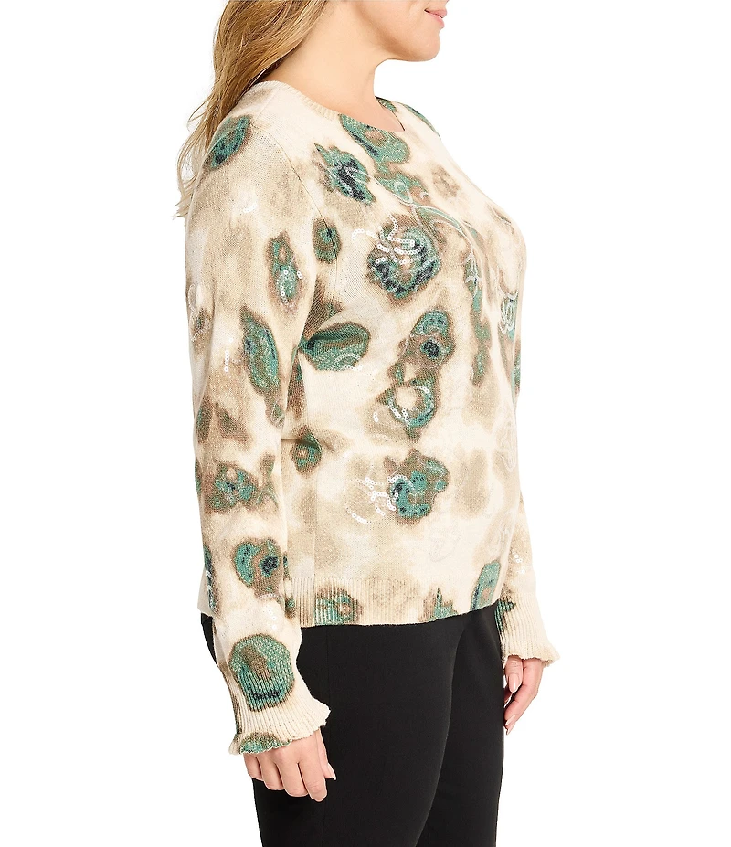 NIC + ZOE Plus Camo Shine Knit Round Neck Long Sleeve Sweater