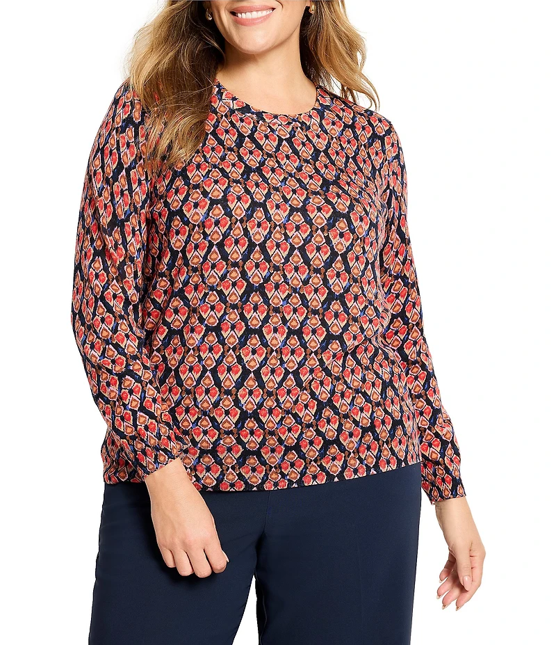 NIC + ZOE Plus Harvest Ikat Print Knit Round Neck Long Sleeve Sweater
