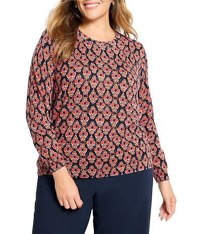 NIC + ZOE Plus Harvest Ikat Print Knit Round Neck Long Sleeve Sweater