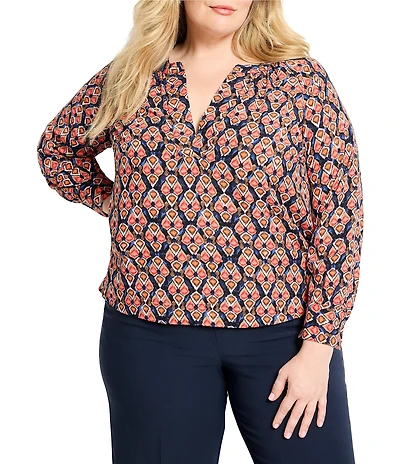 NIC + ZOE Plus Harvest Ikat Split V-Neck Long Sleeve Blouse