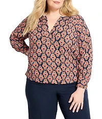 NIC + ZOE Plus Harvest Ikat Split V-Neck Long Sleeve Blouse