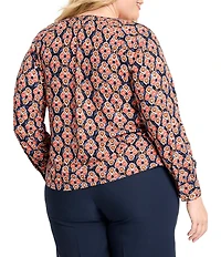 NIC + ZOE Plus Harvest Ikat Split V-Neck Long Sleeve Blouse