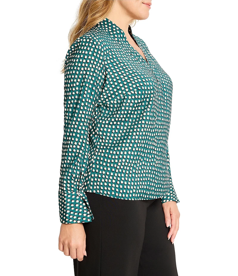 NIC + ZOE Plus Shadow Dot V-Neck Long Sleeve Blouse