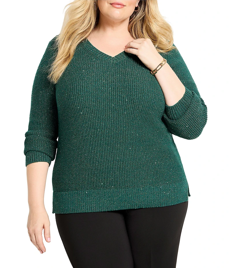NIC + ZOE Plus Shimmer Waffle Knit V-Neck Long Sleeve Sweater
